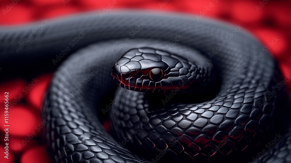 Fototapeta premium Black Snake Coiled Red Background Striking Pose