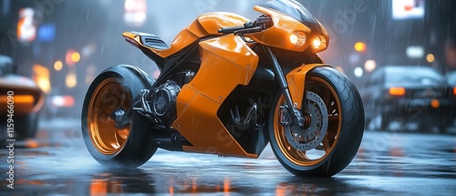 Orange superbike in rain at night. photo