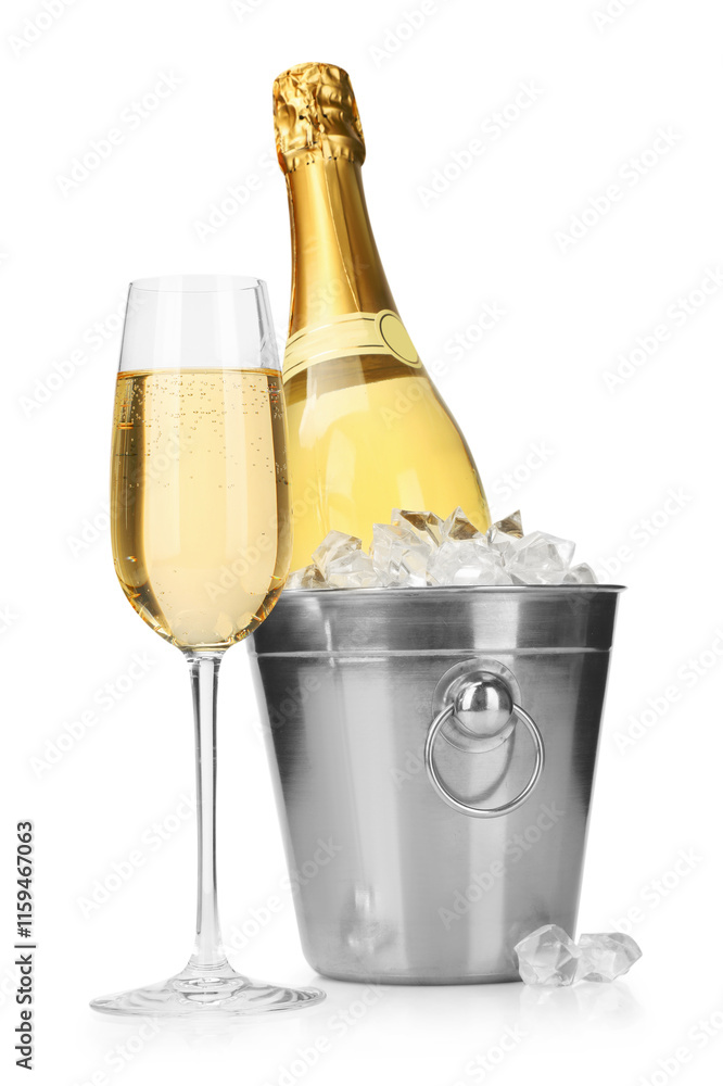 Champagne and bucket with ice isolated on white Champagne and bucket with ice isolated on white