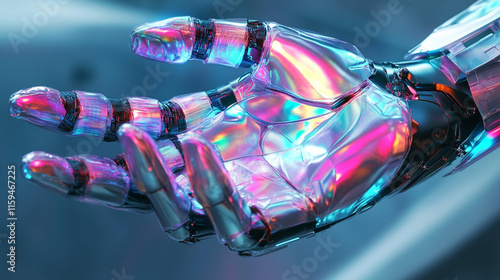 A biomechanical hand precisely wrapping a futuristic device with iridescent, self-adhesive material. photo