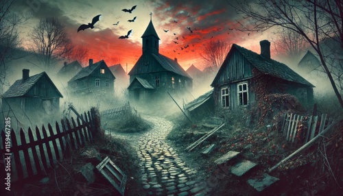 Spooky village at sunset with abandoned houses, misty pathways, and bats in the sky. Ideal for Halloween designs, eerie illustrations, horror themes, or atmospheric storytelling. photo