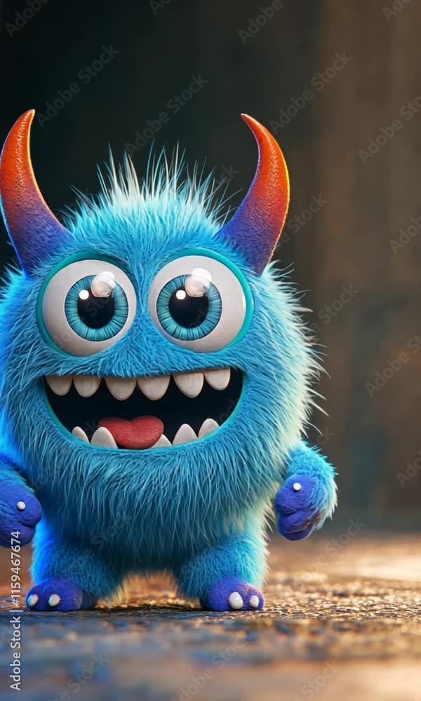 Cheerful Blue Furry Monster with Horns, 3D Render Cheerful Blue Furry Monster with Horns, 3D Render