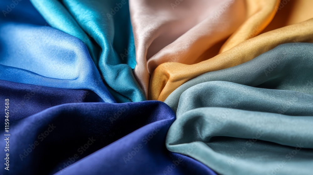A vibrant arrangement of silky fabric in various color, showcasing texture and sheen. A vibrant arrangement of silky fabric in various color, showcasing texture and sheen.