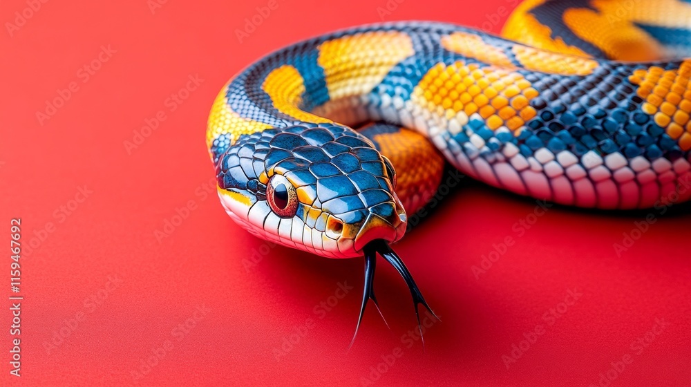 Naklejka premium Vibrant Blue Orange And White Snake On Red Background