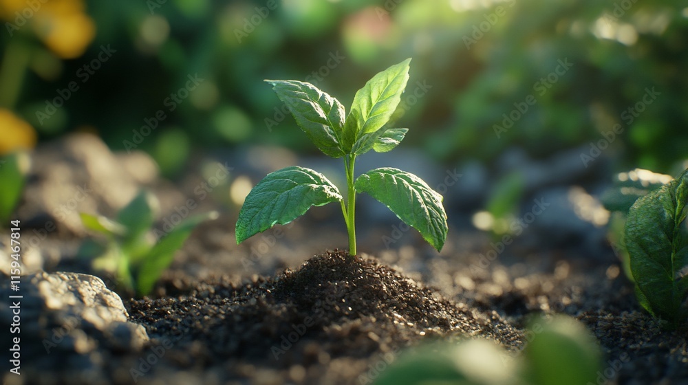 Young plant seedling growing in soil at sunrise. Young plant seedling growing in soil at sunrise.