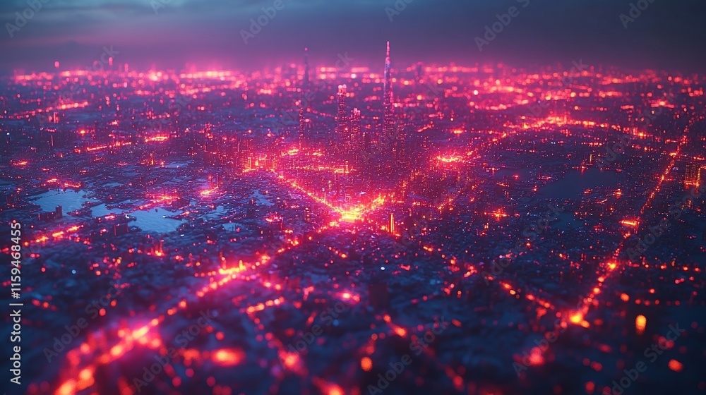 Obraz premium Cyberpunk city at night, glowing red lights.