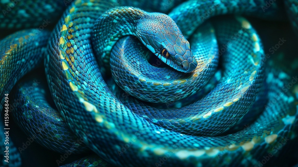 Vibrant Blue Snake Coiled In A Tight Spiral Vibrant Blue Snake Coiled In A Tight Spiral