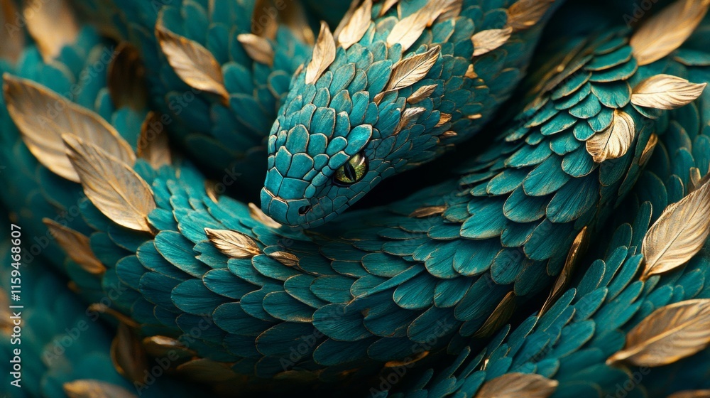 Obraz premium Teal Serpent with Golden Scaled Feathers