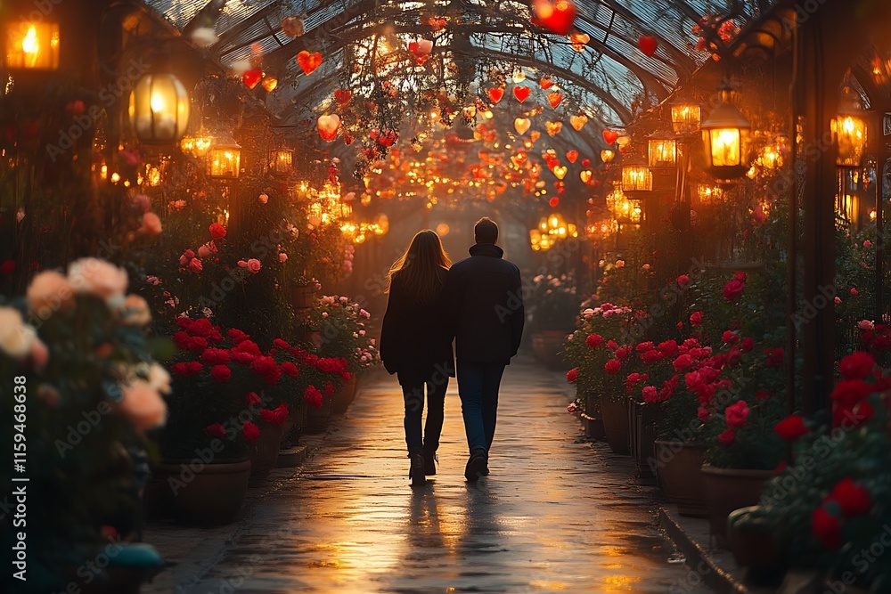 Couple walking romantic path, illuminated by lanterns and hearts. Couple walking romantic path, illuminated by lanterns and hearts.
