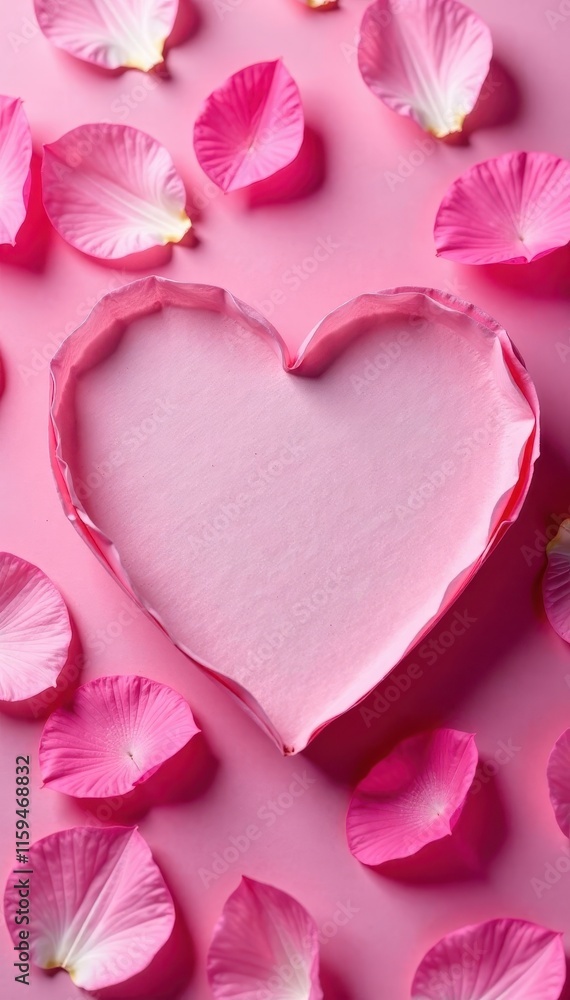 Soft pink rose petals scattered around a heart, love flowers, nature Soft pink rose petals scattered around a heart, love flowers, nature