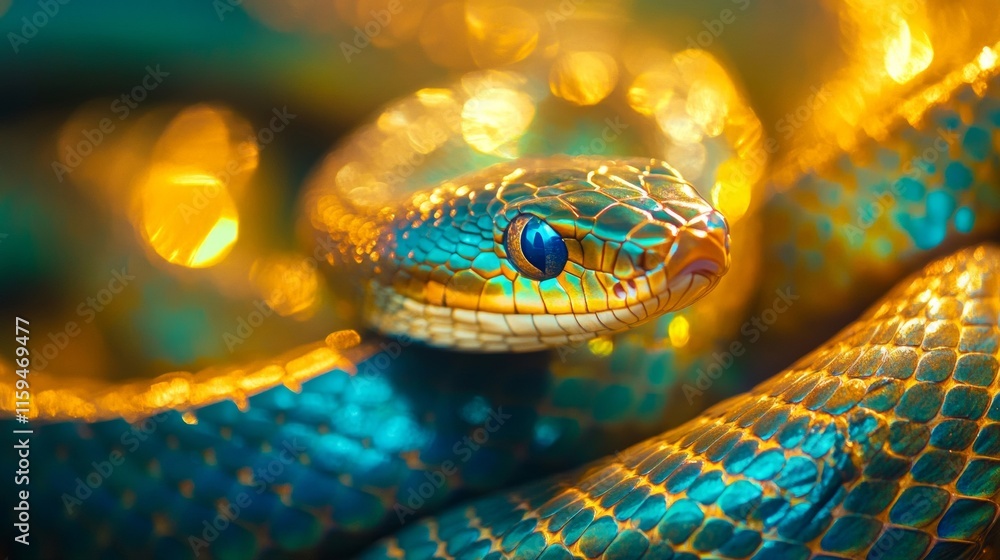 Vibrant Green And Gold Snake Close Up Vibrant Green And Gold Snake Close Up