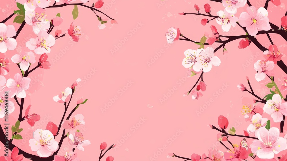 A vibrant illustration of cherry blossom branches against a pink background. A vibrant illustration of cherry blossom branches against a pink background.