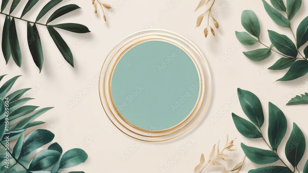 Soft pastel makeup tones, coral, mint green, and pink with green leaf accents.