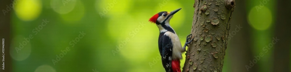 Woodpecker perches on tree trunk, gazing left , bird, branch Woodpecker perches on tree trunk, gazing left , bird, branch