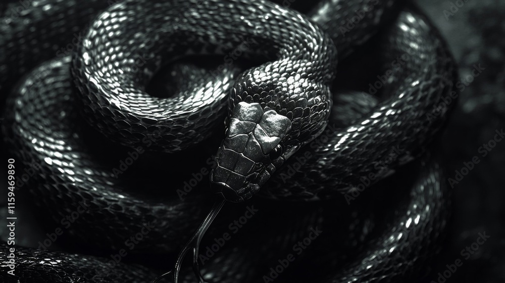 A Dark Coiled Snake Shows Its Tongue And Scales A Dark Coiled Snake Shows Its Tongue And Scales