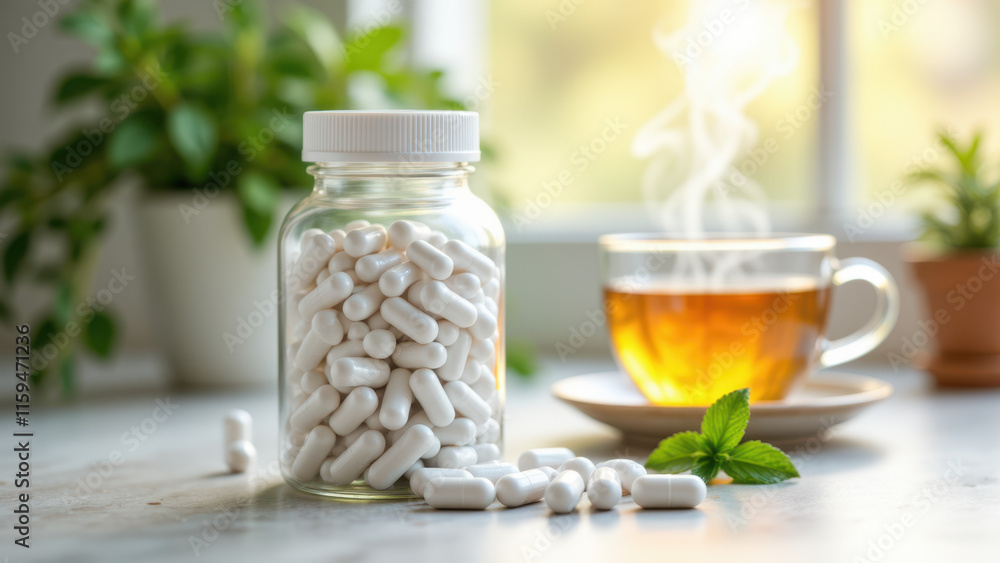 Magnesium supplement capsules with a cup of tea on a wooden surface. Magnesium supplement capsules with a cup of tea on a wooden surface.