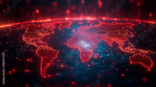 Glowing red world map network.