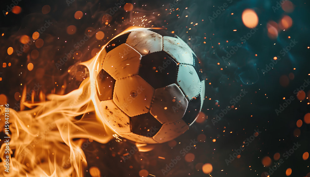 Fototapeta premium Soccer ball with bright flame flying on black background