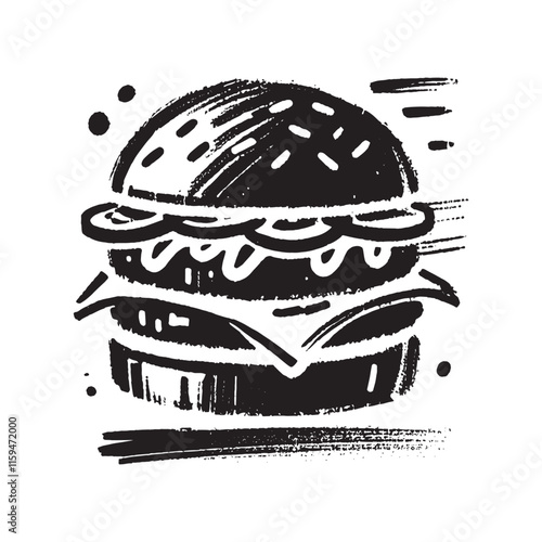  Grunge black and white brush sketch of a hamburger with artistic texture