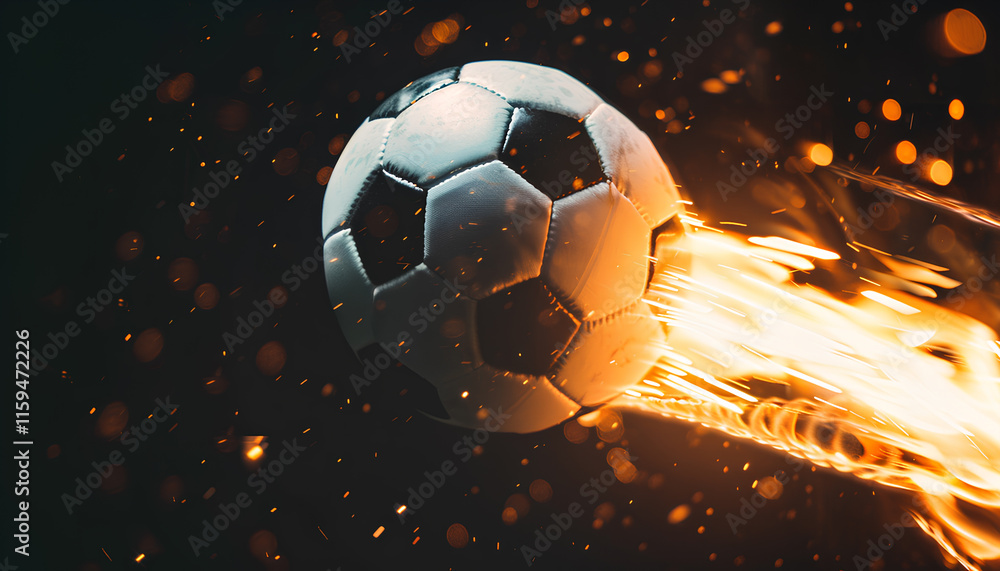 Fototapeta premium Soccer ball with bright flame flying on black background