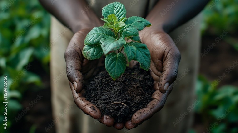 Dark hands cupping a small green plant with soil. Dark hands cupping a small green plant with soil.