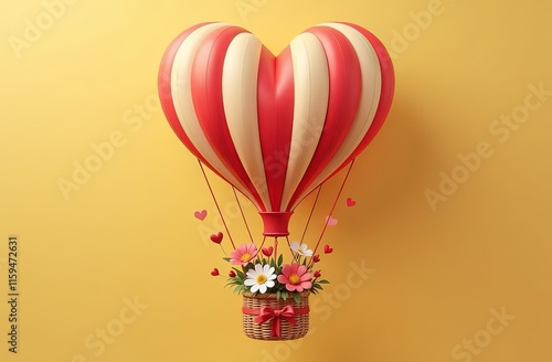 Festive horizontal concept of flower delivery service for Valentine's Day with heart shaped balloon, basket with spring flowers on plain light golden background
