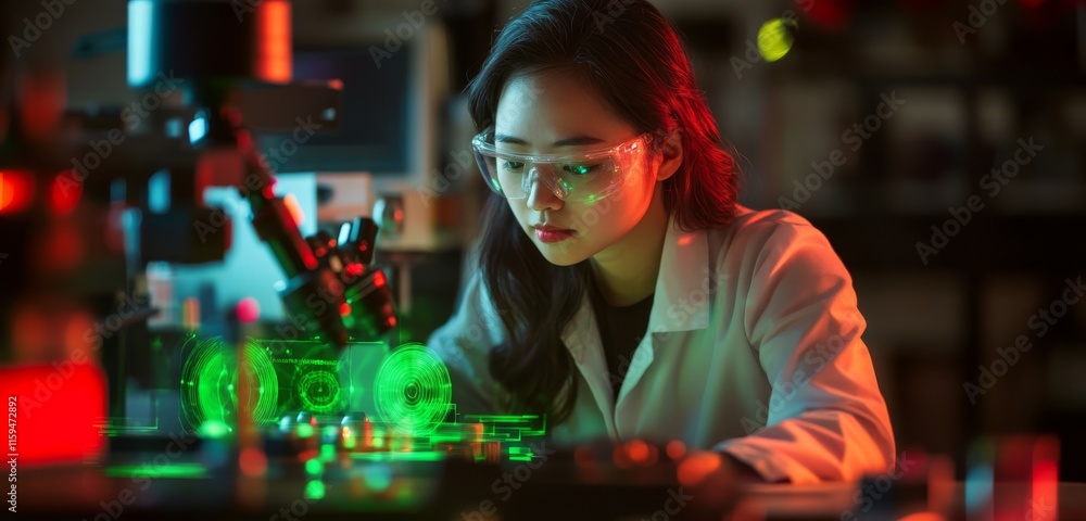 A female physicist in a modern laboratory using a laser to conduct an experiment with high-tech equipment A female physicist in a modern laboratory using a laser to conduct an experiment with high-tech equipment