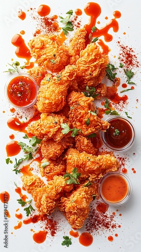 A vibrant explosion of crispy fried chicken pieces, dipping sauces, and herbs frozen in motion against a white background. photo