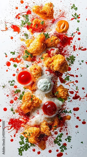 A vibrant explosion of crispy fried chicken pieces, dipping sauces, and herbs frozen in motion against a white background. photo