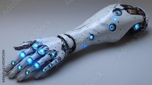 Futuristic robotic arm with glowing blue joints, lying on a neutral background. photo