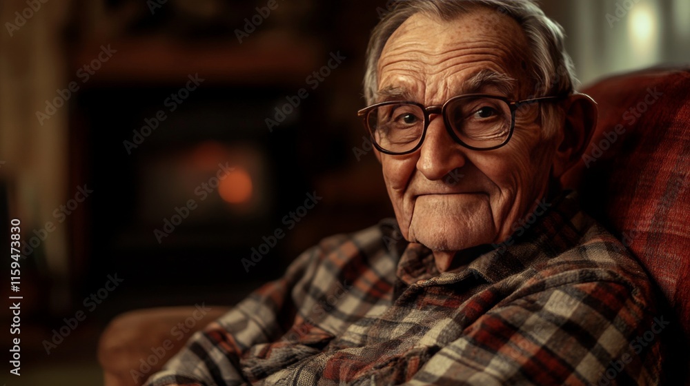 Warm Smile of an Elderly Man in Cozy Living Room Warm Smile of an Elderly Man in Cozy Living Room