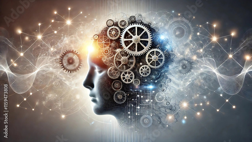 A conceptual image where human brains or heads are interconnected with gears, cogs, or AI elements, symbolizing the synergy between human creativity and artificial intelligence. photo