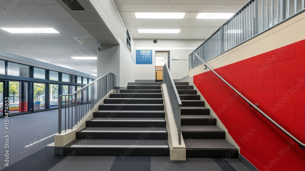 Modern staircase in a well-lit interior with red accents and a clear layout. Modern staircase in a well-lit interior with red accents and a clear layout.