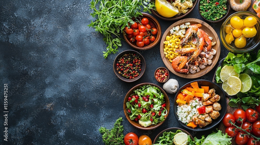 Assorted salads and vegetables on a rustic surface Assorted salads and vegetables on a rustic surface