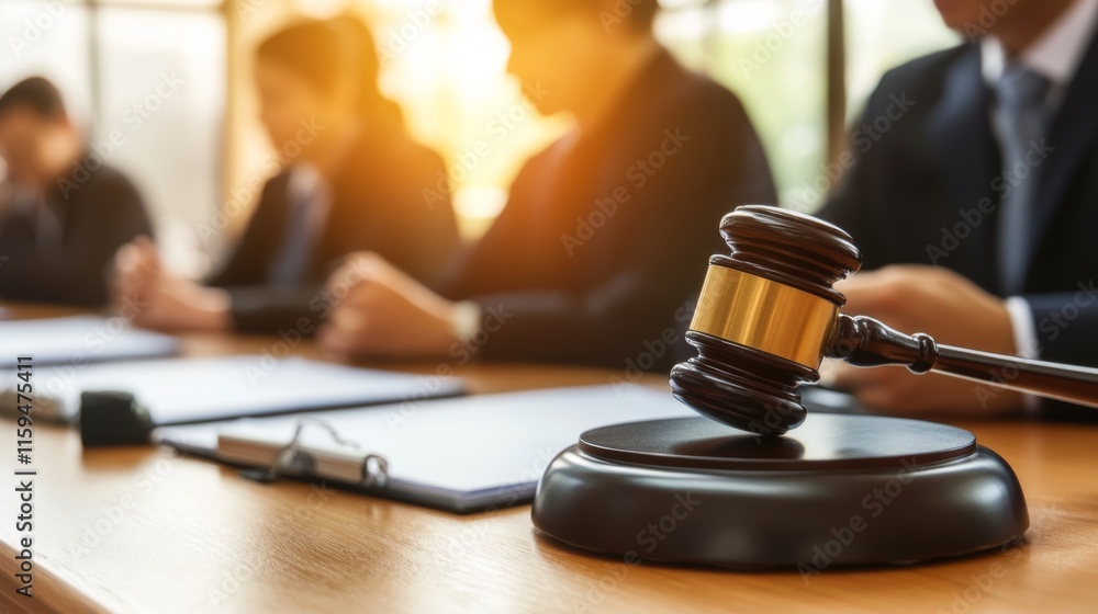 Courtroom Scene with Gavel and Lawyers Engaged Courtroom Scene with Gavel and Lawyers Engaged