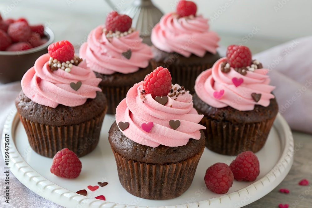 Chocolate cupcakes with pink cream, sugar hearts and fresh raspberries for Valentine Day Chocolate cupcakes with pink cream, sugar hearts and fresh raspberries for Valentine Day