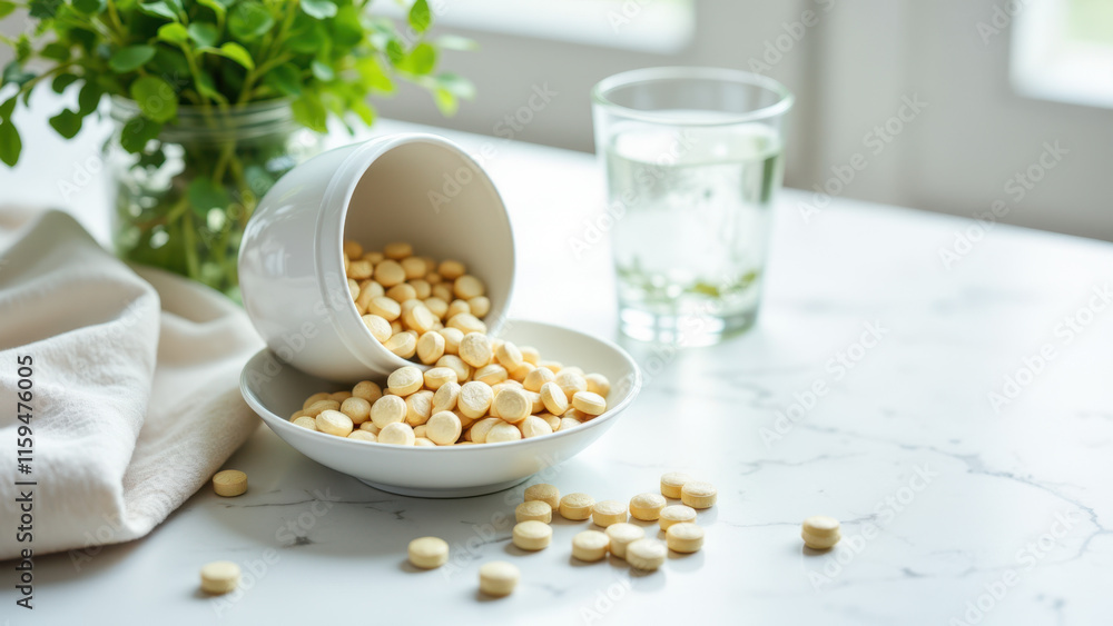 An assortment of empty magnesium capsules and whole ones scattered on a marble countertop with herbs nearby. An assortment of empty magnesium capsules and whole ones scattered on a marble countertop with herbs nearby.