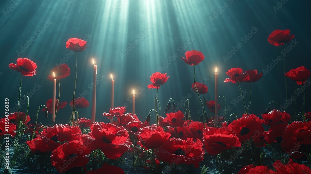 Red poppies and lit candles in a dark, moody setting with ethereal lighting. Red poppies and lit candles in a dark, moody setting with ethereal lighting.