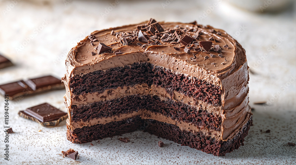 The image shows a partially eaten layered chocolate cake with rich, creamy frosting and topped with chocolate shavings The image shows a partially eaten layered chocolate cake with rich, creamy frosting and topped with chocolate shavings
