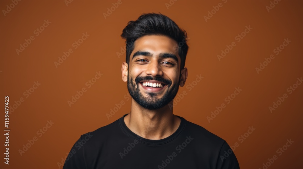 Fototapeta premium People positive emotions concept. Studio waist up of young happy smiling broadly Hindu man standing in centre isolated on brown background wearing black casual t shirt looking straight at camera photo