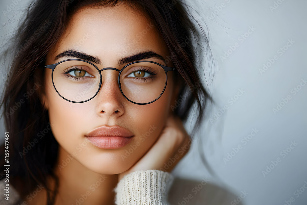 A woman with glasses looking directly at the viewer with a thoughtful expression A woman with glasses looking directly at the viewer with a thoughtful expression
