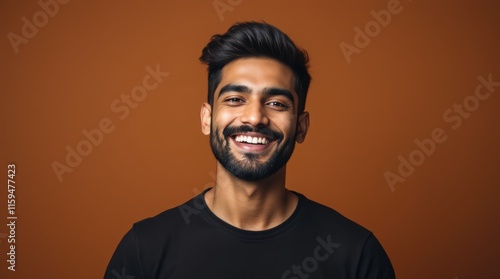 People positive emotions concept. Studio waist up of young happy smiling broadly Hindu man standing in centre isolated on brown background wearing black casual t shirt looking straight at camera photo