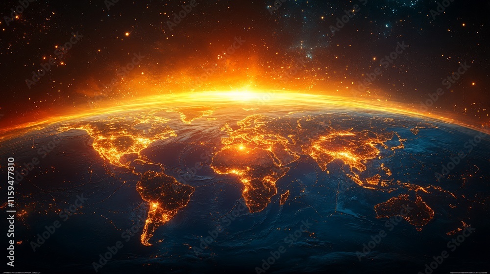 Obraz premium Earth at sunrise, city lights glowing.