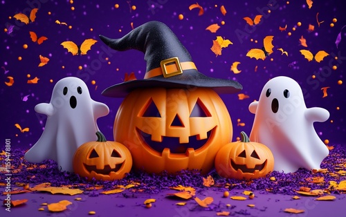 A smiling jack-o-lantern wearing a witch hat surrounded by two ghosts and smaller pumpkins on a purple background with falling leaves. photo