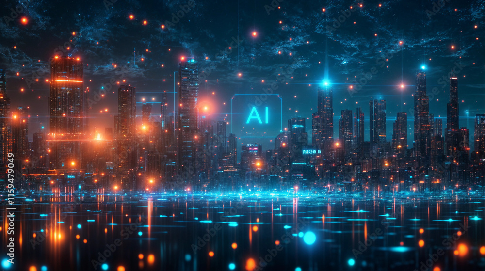 Fototapeta premium Futuristic night city interconnected with AI 