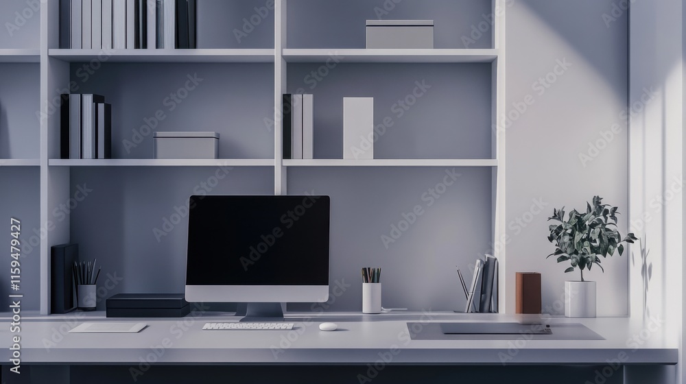 Fototapeta premium Contemporary minimalist workspace with minimal decor. Featuring a clean, open design with modern lines