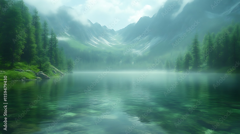Misty mountain lake with serene reflection. Misty mountain lake with serene reflection.