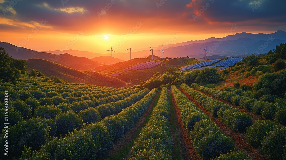 Obraz premium Vibrant sunset over rows of crops, wind turbines, and solar panels in a hilly landscape.