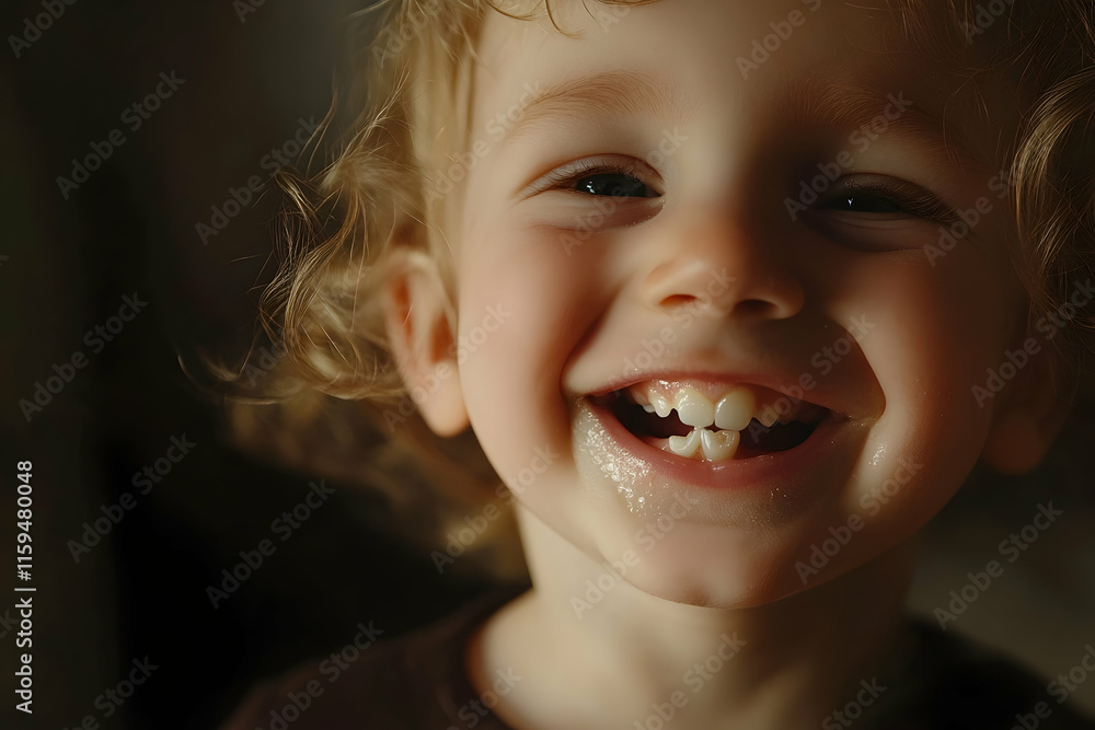 Baby smiling with a tiny tooth emerging, bathed in soft natural light Baby smiling with a tiny tooth emerging, bathed in soft natural light