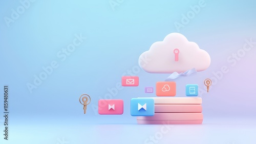 cloud and security concept. Cloud storage concept with colorful icons representing data security and digital organization.